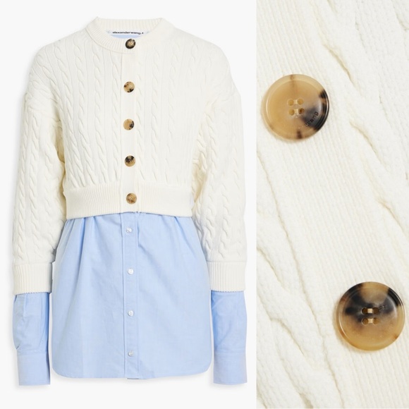 Alexander Wang Bi-Layer Layered Cotton Blend Cable-Knit Oxford Cardigan